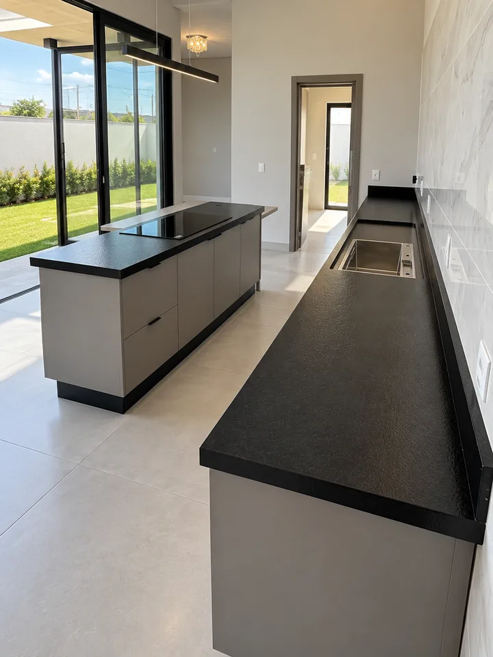 Cozinha com ilha e bancada longa: a mesma peça refeita, com outra luz e o entorno arrumado