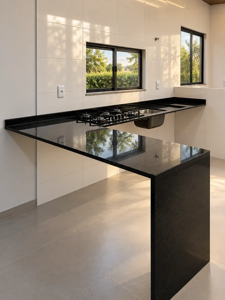 Mesa em L com perna em cascata: a mesma peça refeita, com outra luz e o entorno arrumado