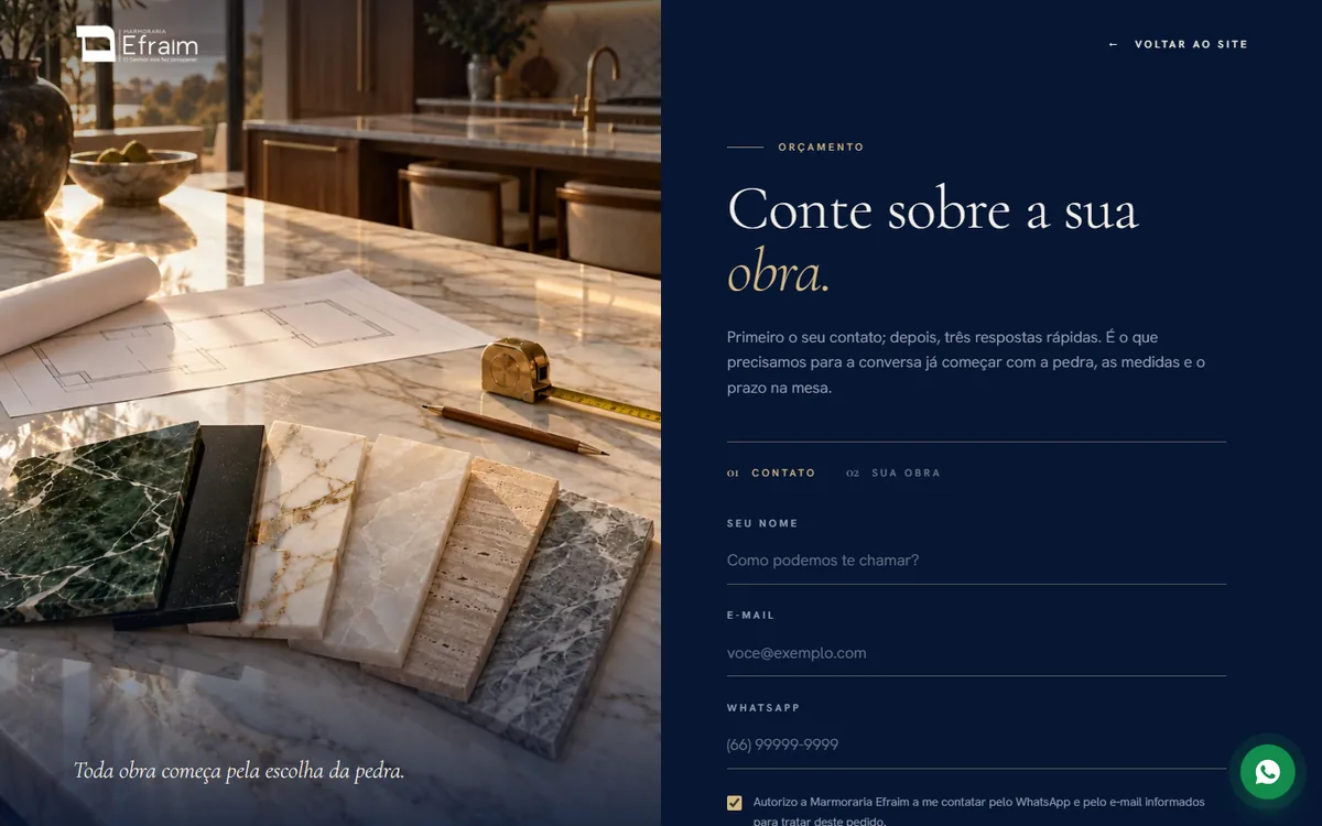 A página de orçamento do site da Marmoraria Efraim, em Sinop: primeiro o contato e, depois, três perguntas sobre a obra