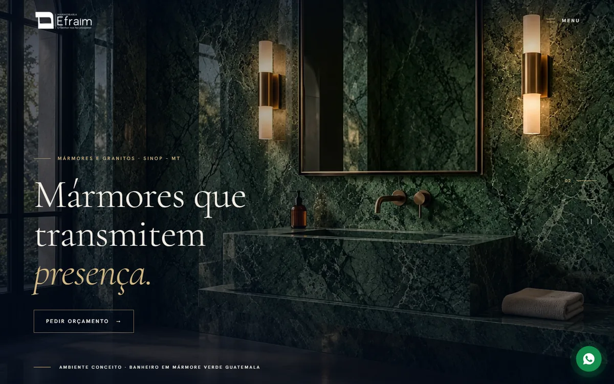 A página inicial do site da Marmoraria Efraim, com um banheiro em mármore verde