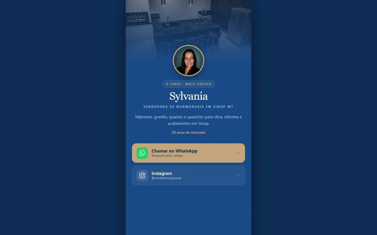 O mini site da Vendedora Sylvânia, com a foto dela, a cidade e os botões de WhatsApp e Instagram